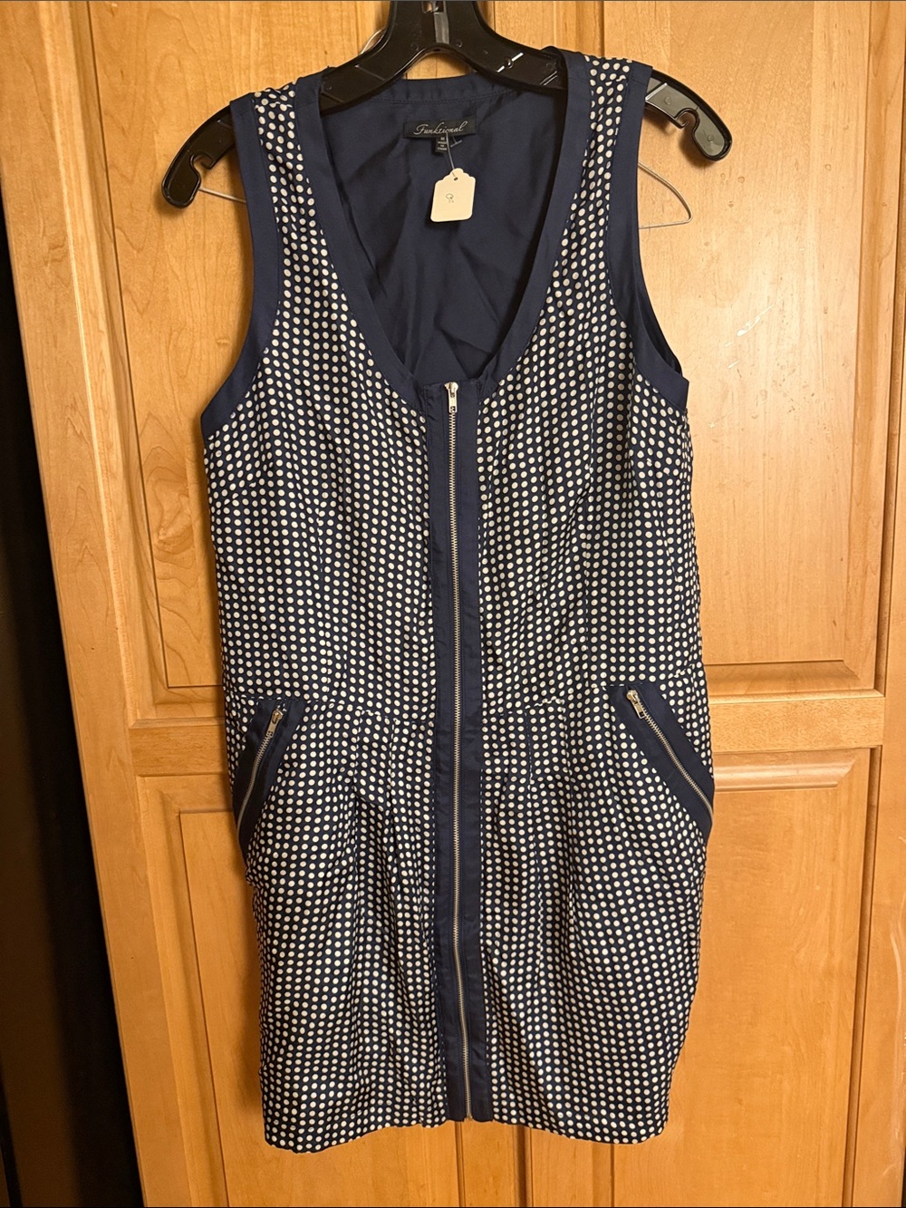 Navy Polka Dot Zip-Front silk Dress